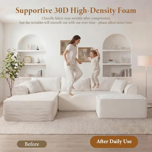 Miniatura 6 de Vesgantti 106" Boneless Couch with Chaise, U Shaped Deep Seat Comfy Cloud Modular Sofa Chenille Memory Foam Sectional Couches for Living Room