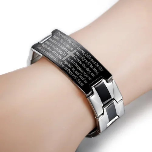 Miniatura 3 de Flongo Pulsera vintage de acero inoxidable para hombre, con cruz negra, con texto en inglés