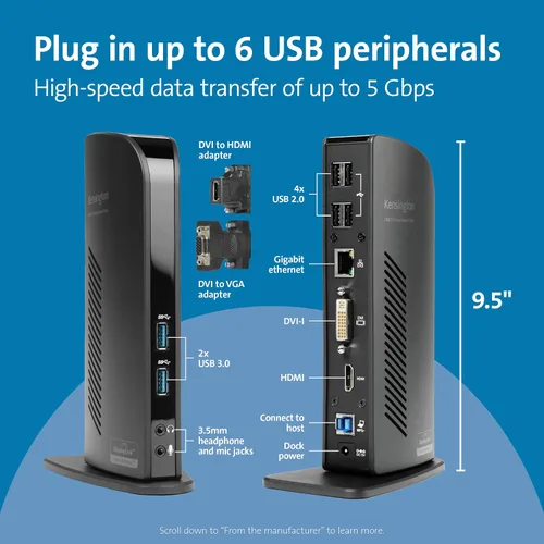 Miniatura 2 de Kensington Estación de acoplamiento de doble pantalla USB 3.0 para MacBooks, Windows y Surface (K33972US)