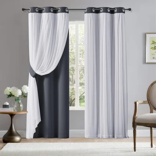 Miniatura 19 de BONZER Cortinas opacas con superposición transparente, mezcla y combina paneles de ventana de doble capa con aislamiento térmico para sala de estar
