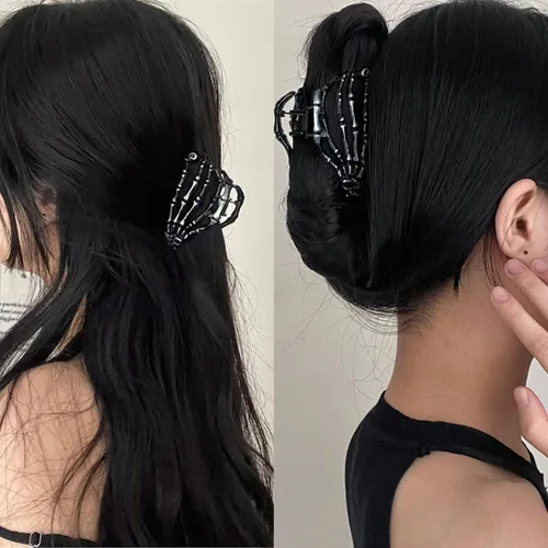Miniatura 5 de Pinzas para el cabello de Halloween, pinzas de metal con diseño de calavera, pinzas de mano de aleación negra, pinzas de pelo medianas con diseño