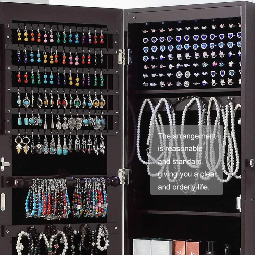 Miniatura 9 de GISSAR Organizador de joyas de cuerpo entero con espejo, armario de joyería de pie o montado en la pared, almacenamiento con luces, color marrón