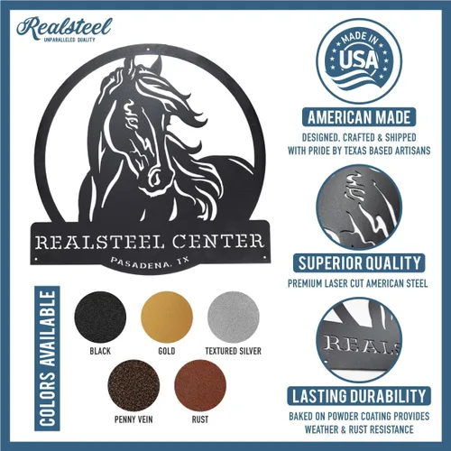 Miniatura 2 de RealSteel Letrero de metal personalizado de rancho de caballos, arte de pared occidental personalizado, letrero de nombre rústico de granja