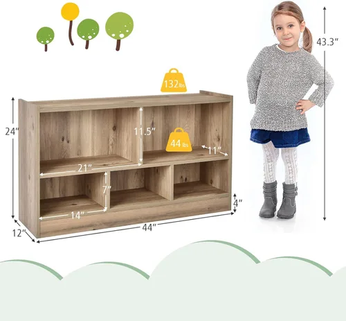 Miniatura 2 de HONEY JOY Organizador de almacenamiento de juguetes para niños, estante de almacenamiento de 5 secciones para preescolar, 2 niveles de madera Natural
