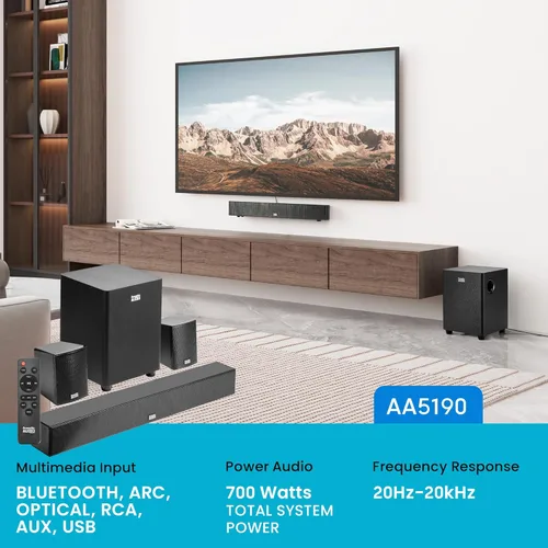 Miniatura 2 de Acoustic Audio 5.1 Barra de sonido envolvente para cine en casa con Bluetooth, RCA, óptico, ARC, AUX, subwoofer inalámbrico y control remoto