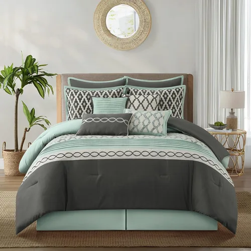 Miniatura 11 de Grand Avenue Juego de edredón negro tamaño King, 10 piezas, edredones y juegos de ropa de cama jacquard, falda de cama a juego, almohadas y fundas