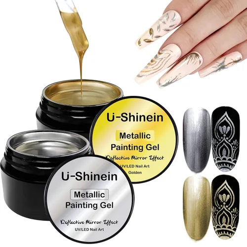 Gel de pintura metálica de 2 x 0.3 fl oz, esmalte de uñas plateado y dorado, pintura de metal 3D, esmalte de gel de dibujo de espejo, esmalte de