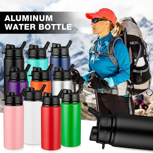 Miniatura 4 de Shellwei 10 botellas de agua de aluminio de 17 onzas reutilizables con tapas a presión, botella de agua de metal, ligera, portátil, botella de agua