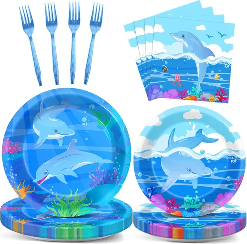 Juego de 96 piezas de suministros para fiesta de delfín, platos de delfín, servilletas, tenedores, papel desechable, para postres, pasteles, vajilla