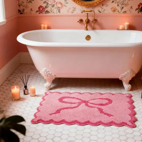 Miniatura 31 de ORTIGIA Pequeña y Linda Alfombra de Baño con Volados, Alfombras de Baño de Microfibra de Lujo en Blanco y Rosa, Antideslizante, Lavable, de Secado