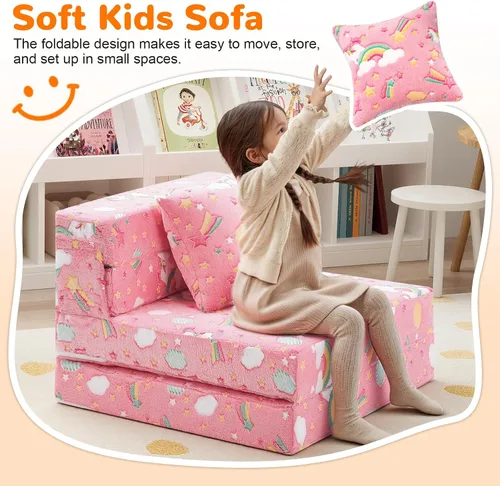 Miniatura 2 de MeMoreCool Silla Cama Futón Plegable para Niños, Sofá Cama Tri-plegable Brillante Convertible Colchón Sofá para Niños Pequeños, Sofá de Espuma