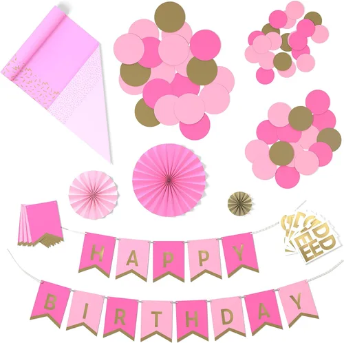 Hallmark Crayola - Juego de decoraciones de fiesta de Hallmark Color Pop - Tickle Me rosa y dorado (pancarta personalizable, camino de mesa Tickle
