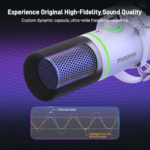 Miniatura 2 de MAONO Kit de micrófono dinámico XLR/USB, micrófono de podcast RGB con software, silencio, perilla de ganancia, control de volumen, brazo de brazo