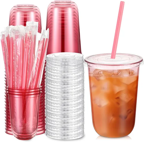Miniatura 12 de Ziliny 50 Juegos de Vasos de Plástico Transparente con Pajitas y Tapas Rosas en Forma de Corazón, Vasos Desechables para Café Helado Drinking Pet