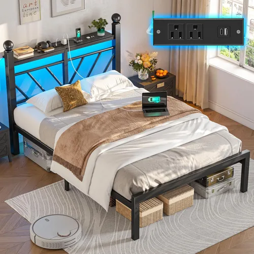 Miniatura 15 de Homkdom Marco de cama de plataforma de metal tamaño Queen de 14 pulgadas con cabecero, marco de cama victoriano Queen con almacenamiento debajo
