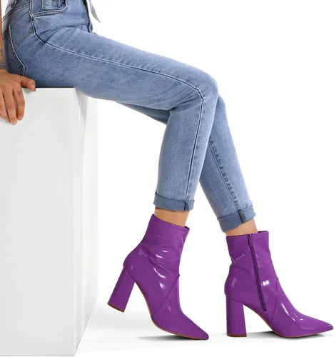 Miniatura 4 de mysoft Botas GoGo de tacón de bloque para mujer, botines puntiagudos, de piel de charol con cremallera lateral