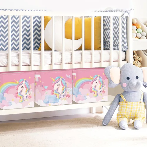 Miniatura 4 de Clastyle Juego de cestas de almacenamiento plegables de unicornio rosa para niños, organizador de ropa, cuarto de bebé, juguetes para niñas, estante
