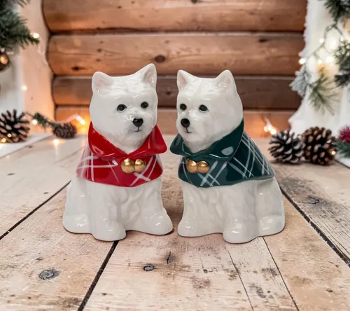 Miniatura 7 de Juego de salero y pimentero para perros Westie West Highland Terrier de porcelana fina, 3-3/8 pulgadas de alto