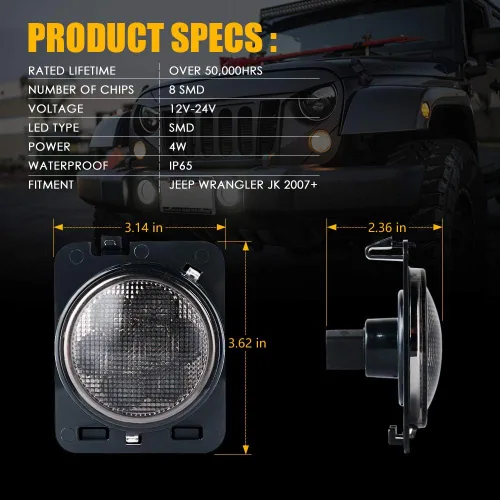 Miniatura 7 de Xprite Conjunto de Luz Marcadora Lateral LED Ámbar Amarilla para Guardabarros Delantero con Lente Ahumada Compatible con Jeep Wrangler JK 2007 2008