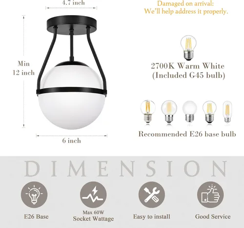 Miniatura 4 de Bagood Lámpara de techo semiempotrada con forma de globo de mediados de siglo, moderna lámpara de techo de globo de 6" con pantalla de vidrio