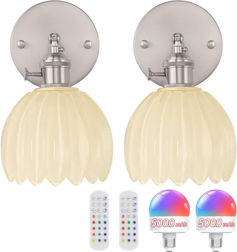 Miniatura 12 de Shenmoyl Candelabro de Pared Operado por Batería con Soporte de Cadena Ajustable, Patrón de Tulipán Verde, Vidrio con Diseño Retro en Oro, Lámpara