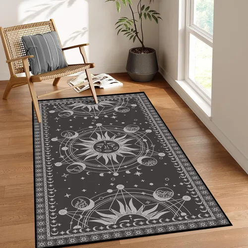 Miniatura 16 de 5' X 7' Alfombra con diseño de sol y luna, alfombras boho celestiales para dormitorio, sala de estar, estilo bohemio, oculto, media luna, solar
