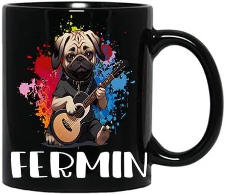Dog Play Guitar Mug, Dog and Guitarist Gifts, Guitar Player Gifts, Personalize Name Fermin 11oz Black Mug Love Guitar Mug, Love Guitar and Dog