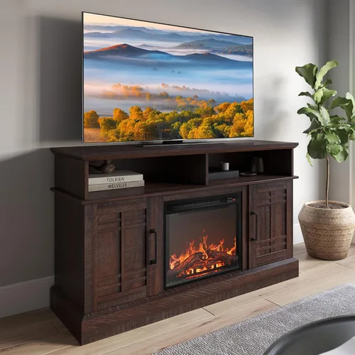 Miniatura 13 de BELLEZE Mueble TV, 48 pulgadas, con chimenea eléctrica funcional de 18 pulgadas, moderno, para TV de máx. 50 pulgadas, estantes abiertos y armarios