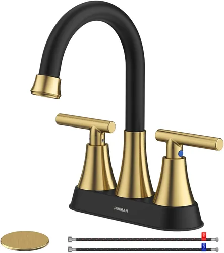 Grifos de baño para lavabo de 3 orificios, Hurran grifo de lavabo de baño de 4 pulgadas en negro y dorado con desagüe emergente y mangueras de