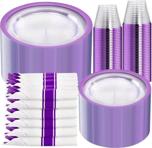 Miniatura 12 de I00000 Juego de 210 platos rojos, platos de plástico transparente y rojo que incluye 60 platos, 30 tazas, 30 servilletas enrolladas con cubiertos