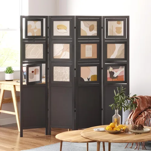 Miniatura 2 de Divisor de habitación para fotos de 4 paneles, pantalla de privacidad plegable independiente y decorativo con 16 marcos para oficina en casa (negro)