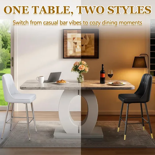 Miniatura 3 de Juego de mesa de comedor de mármol de 63 pulgadas para 6, moderno juego de mesa de comedor de altura de mostrador, mesa alta gris con taburetes