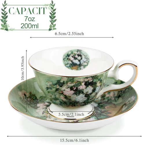 Miniatura 2 de Juego de 2 Tazas de Té Florales con Platillos, Porcelana de Hueso de 7 oz, Tazas de Té Británicas, Taza de Café de Porcelana para Té de Rosa