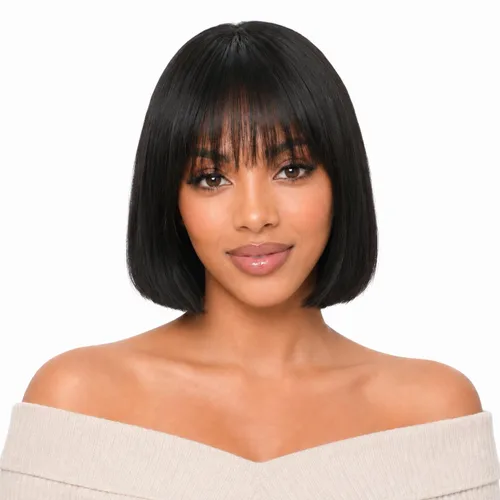 Miniatura 16 de Peluca de cabello humano lacio rubio 613 de 15 pulgadas con flequillo, sin pegamento, sin encaje frontal, Yaki Bob para mujer