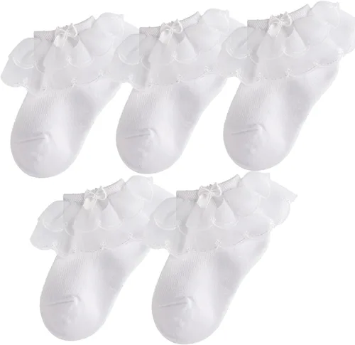 Miniatura 2 de Looching Calcetines de encaje con volantes para niñas pequeñas, de algodón, con volantes, con lazo, paquete de 5
