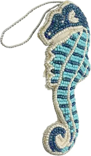 Adorno navideño de caballito de mar con cuentas, bordado Zari Zardozi, azul y blanco, bolsa de regalo para almacenamiento, hecho a mano en la India