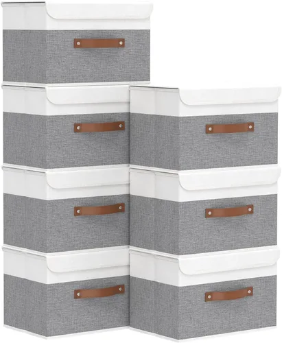 Miniatura 37 de Yawinhe SNK024BEN-1 Cajas de almacenamiento plegables, cestas apilables de tela de lino, contenedor con tapa y asa de cuero, lavable, para el hogar