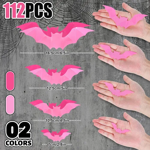 Miniatura 2 de Whaline 112 piezas de decoración de pared de Halloween, murciélagos 3D con adhesivo de espuma, rosa y rojo rosa, impermeables, calcomanías de Rosa