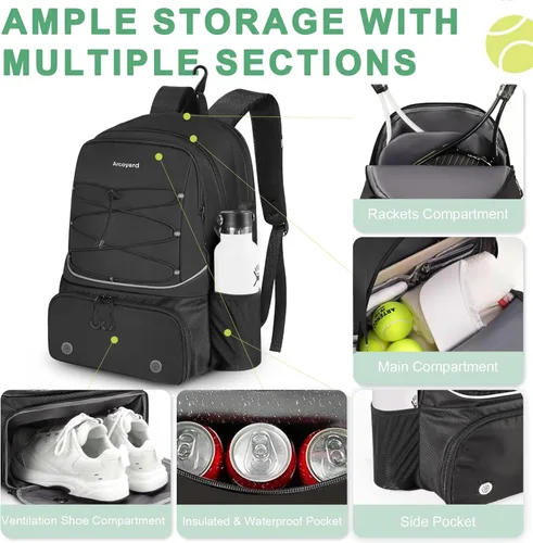 Miniatura 3 de Mochila de Tenis Arcoyard con Capacidad para 2 Raquetas, Bolsas de Tenis Profesionales para Mujeres, Mochila de Tenis con Compartimento Ventilado