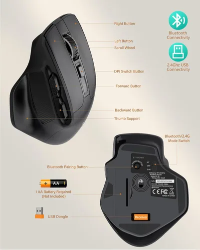 Miniatura 7 de E-YOOSO Ratón inalámbrico ergonómico cómodo con botones laterales y dongle USB, batería máxima de 4800 DPI, modo dual Bluetooth 2.4G