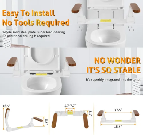 Miniatura 6 de WICHEMI - Rieles de seguridad de inodoro para personas mayores, rieles de inodoro ajustables para discapacitados con asas de madera plegables