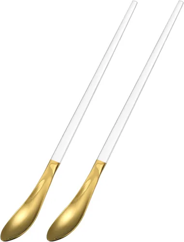 Miniatura 8 de uxcell Juego de 2 cucharas de mango largo, cucharas de acero inoxidable de 10 pulgadas, cucharas de café para mezclar, bebidas, café (azul dorado)