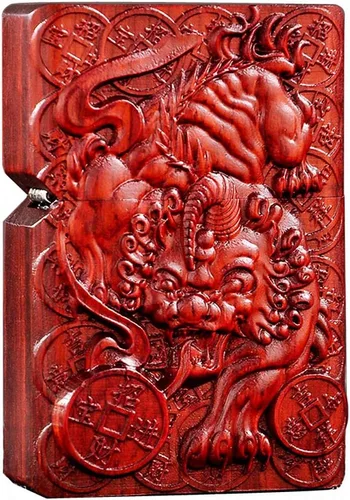 Miniatura 46 de Caja de carcasa de madera natural tallada en palisandro Huanghuali para módulo Zippo (Zodíaco Caballo)