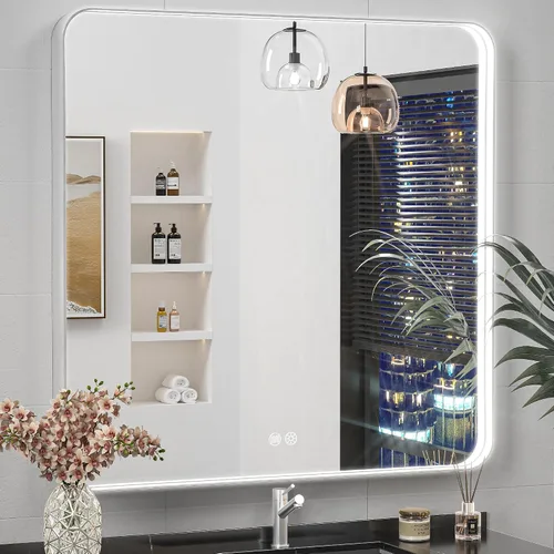 Miniatura 10 de Espejo de baño LED de 16 x 24 pulgadas con luces, marco plateado rectangular redondeado con diseño de tira de luz incrustada, 3 colores y regulable