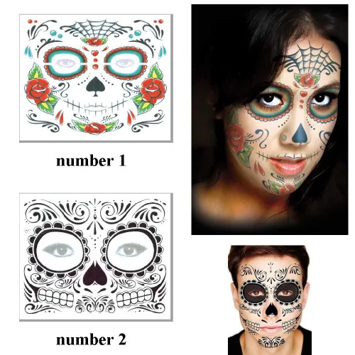 Miniatura 2 de Calcomanías de tatuaje facial de Halloween, tatuajes del Día de los Muertos, calcomanías de transferencia de agua con tela floral roja rosa negra