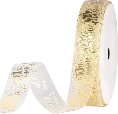 Cinta de regalo transparente dorada – Cinta de hilo de nieve con letras de celebración número 100 para bodas, cumpleaños, aniversario, fiesta de