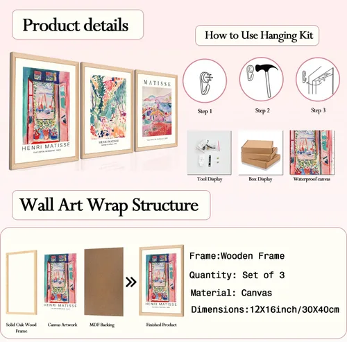Miniatura 3 de Juego de Arte de Pared con Marco de Madera de Matisse de 3 Pósteres Abstractos de Henri Matisse Mercado de Flores Vintage Impresiones en Lienzo