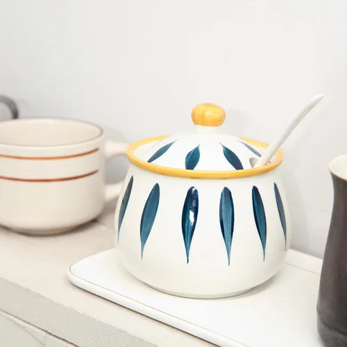 Miniatura 7 de Azucarero de porcelana con tapa y cuchara, tarros de azúcar de cerámica de 12 onzas para cocina y hogar, contenedor de azúcar de granja para barra