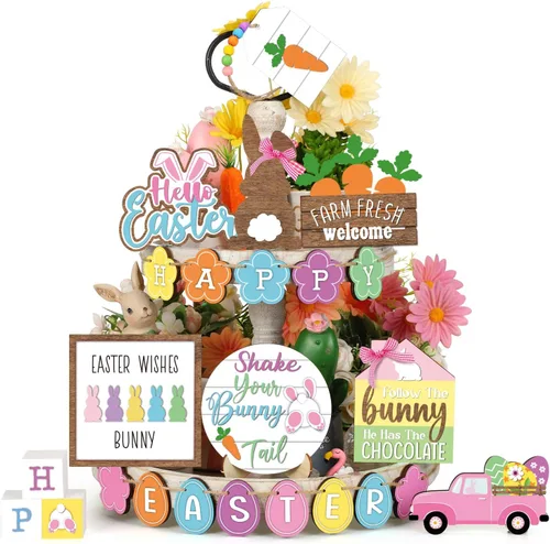 Marsui Decoración de bandeja escalonada de Pascua, adorno de bandeja escalonada de Pascua rústica, letrero de primavera de conejo, camión, huevo de