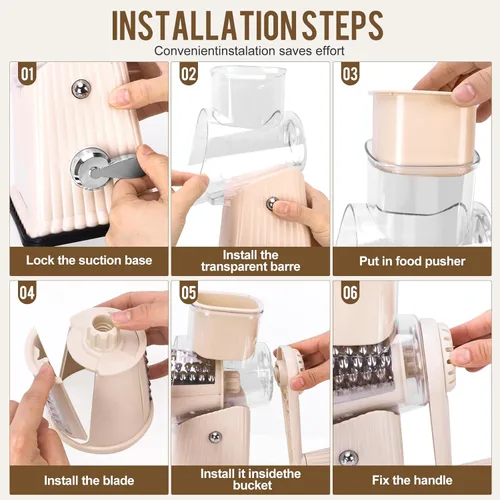 Miniatura 5 de Rallador rotativo de queso con 5 cuchillas bien diseñadas y base de succión fuerte, cortador de verduras de mandolina de cocina con caja de Blanco